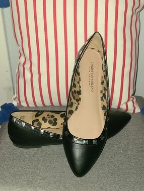 Christian Siriano Black Pointed Stud-Trim Leopard Lined Flats